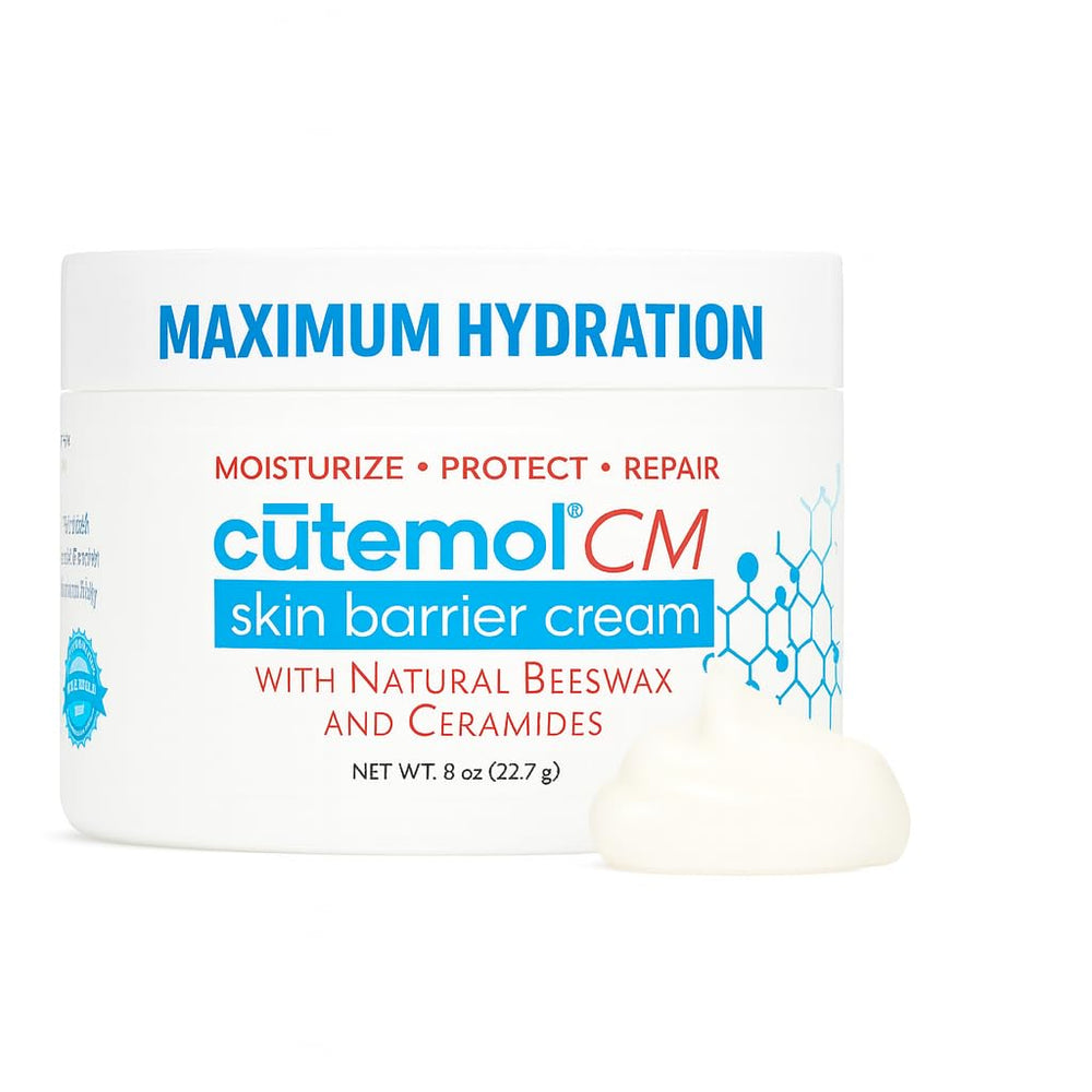 Cutemol CM Emollient Cream jar shown for intense hydration and barrier support.