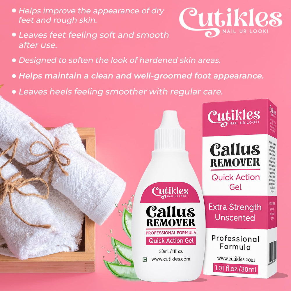 Cutikles at-home pedicure routine setup with gel for quick smoothing of dry skin.