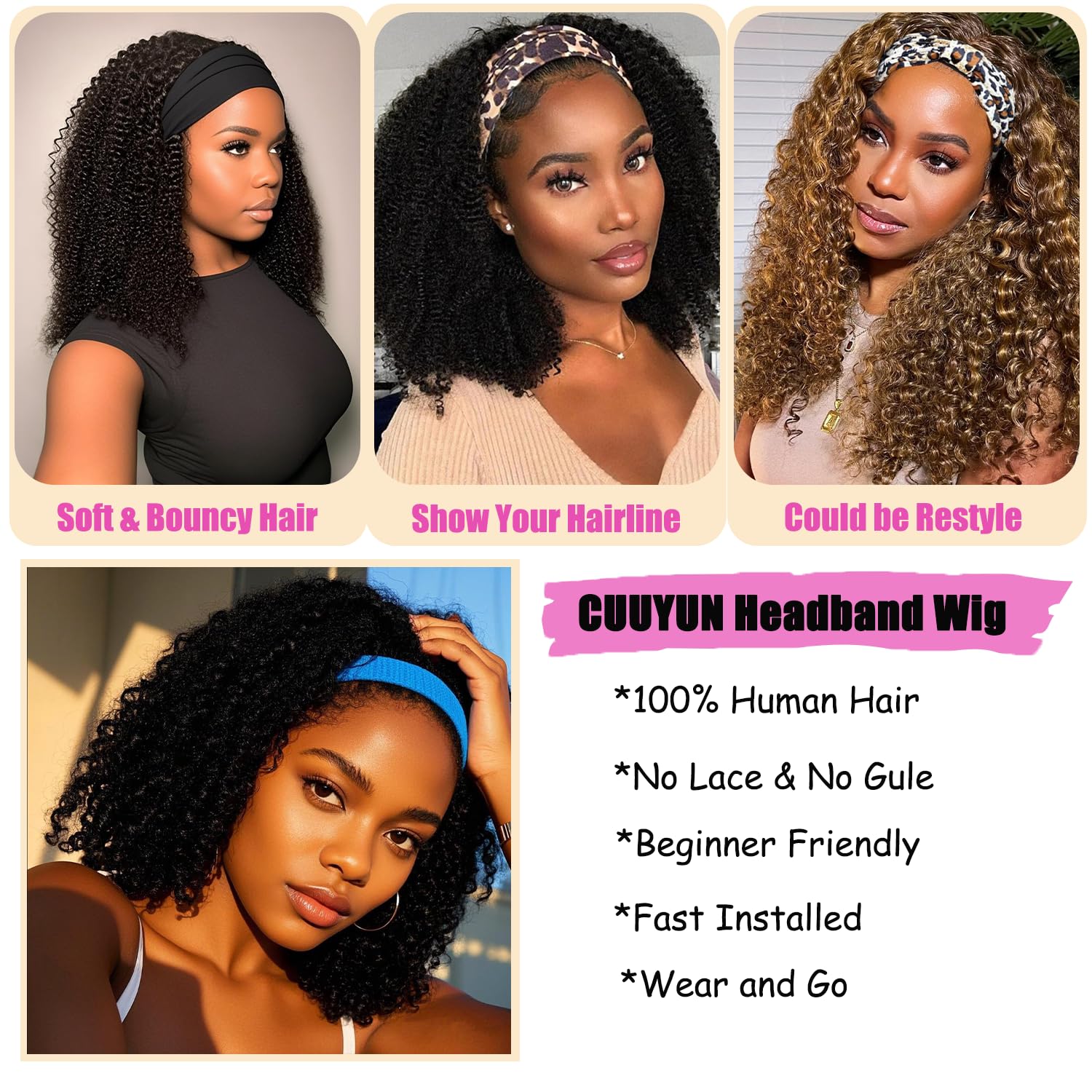 CUUYUN headband wig cap size M fits most heads.