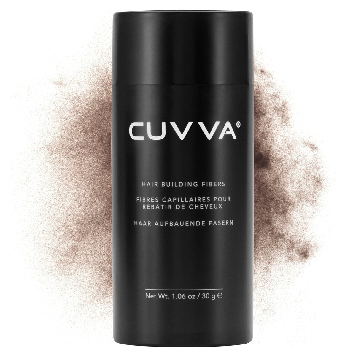 CUVVA Hair Building Fibers bottle close-up for instant fullness.