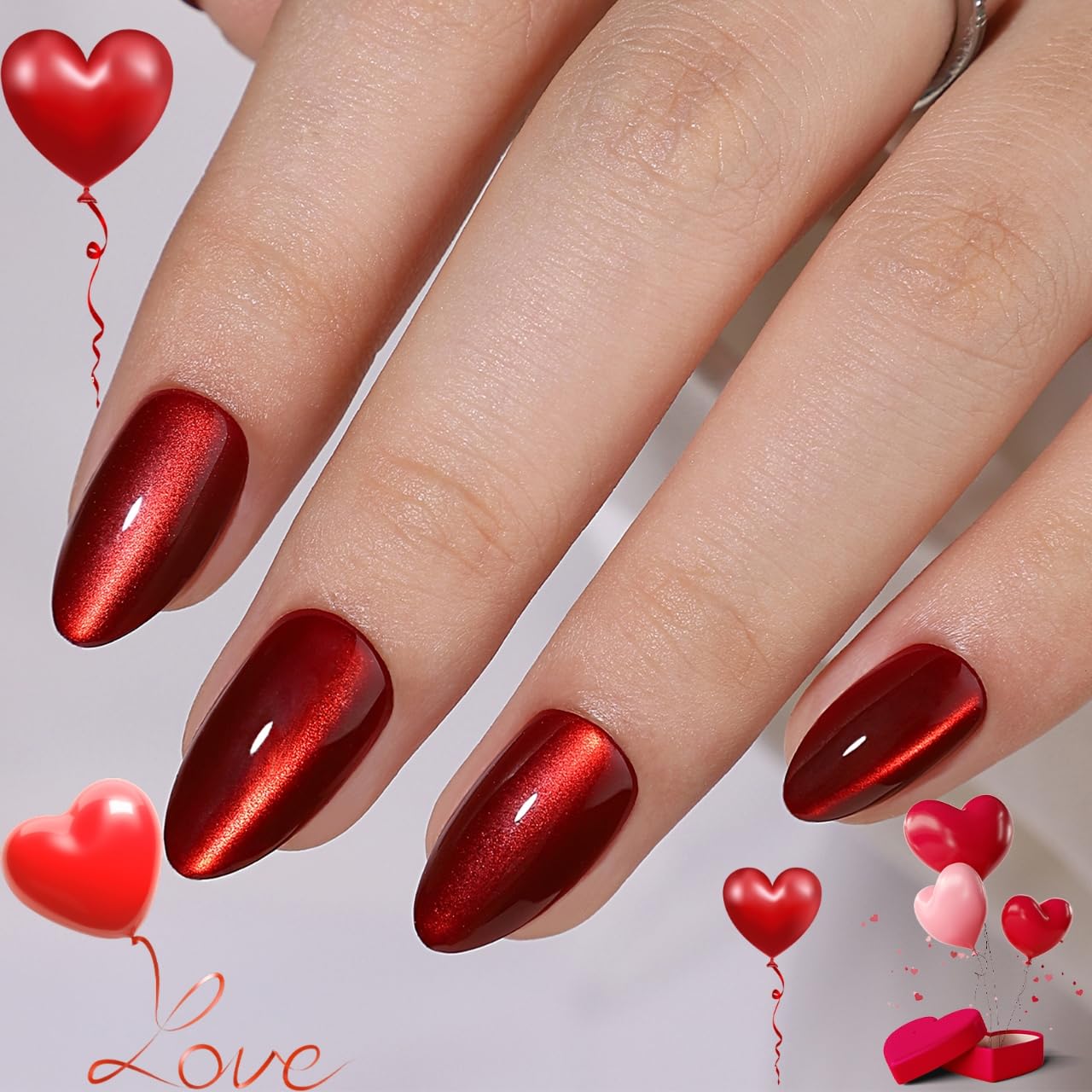CUZIAM red magnet cat eyes nails in short almond form with aurora mirror finish.