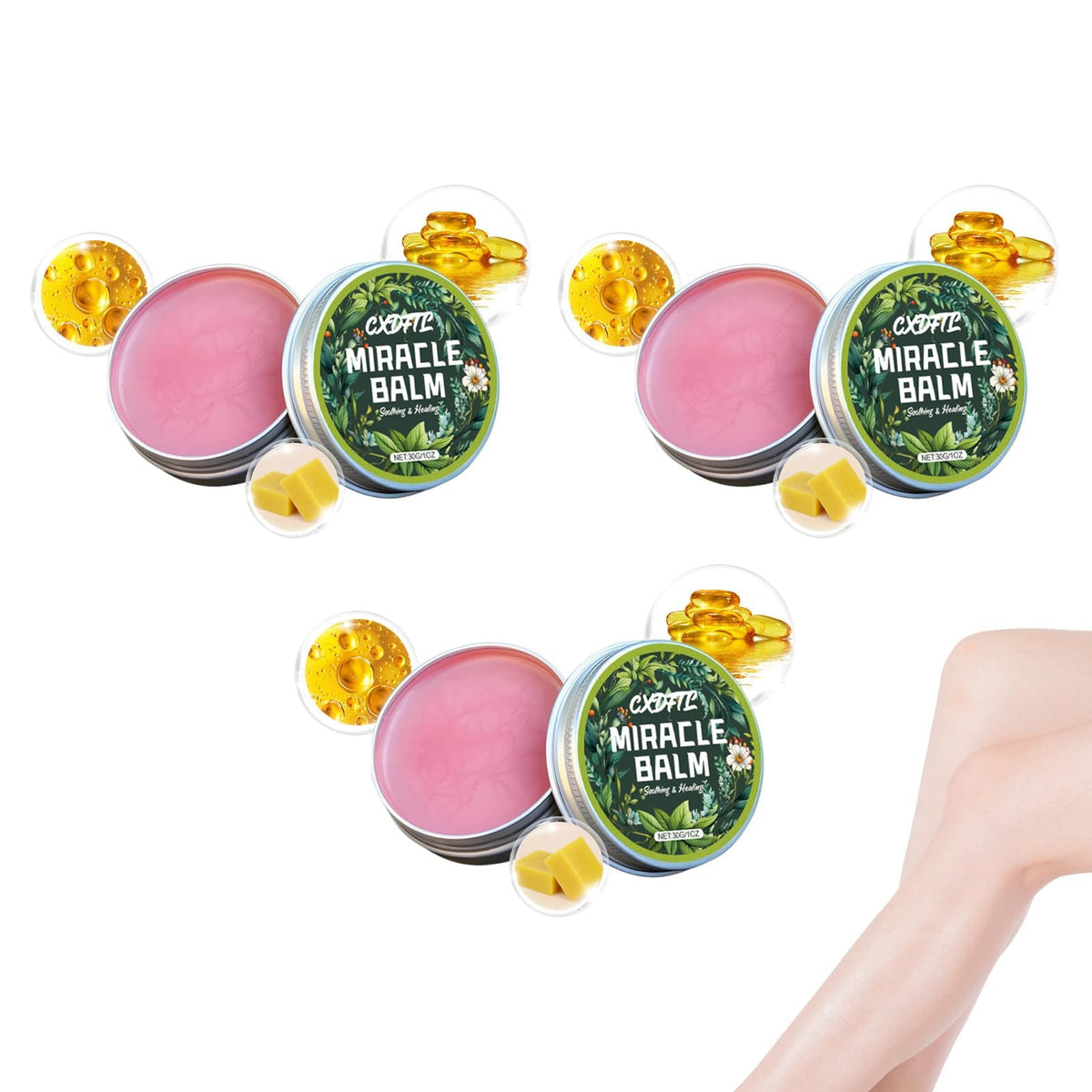 CXDFTL Miracle Balm three-pack display highlighting lightweight hydration for all-day comfort.