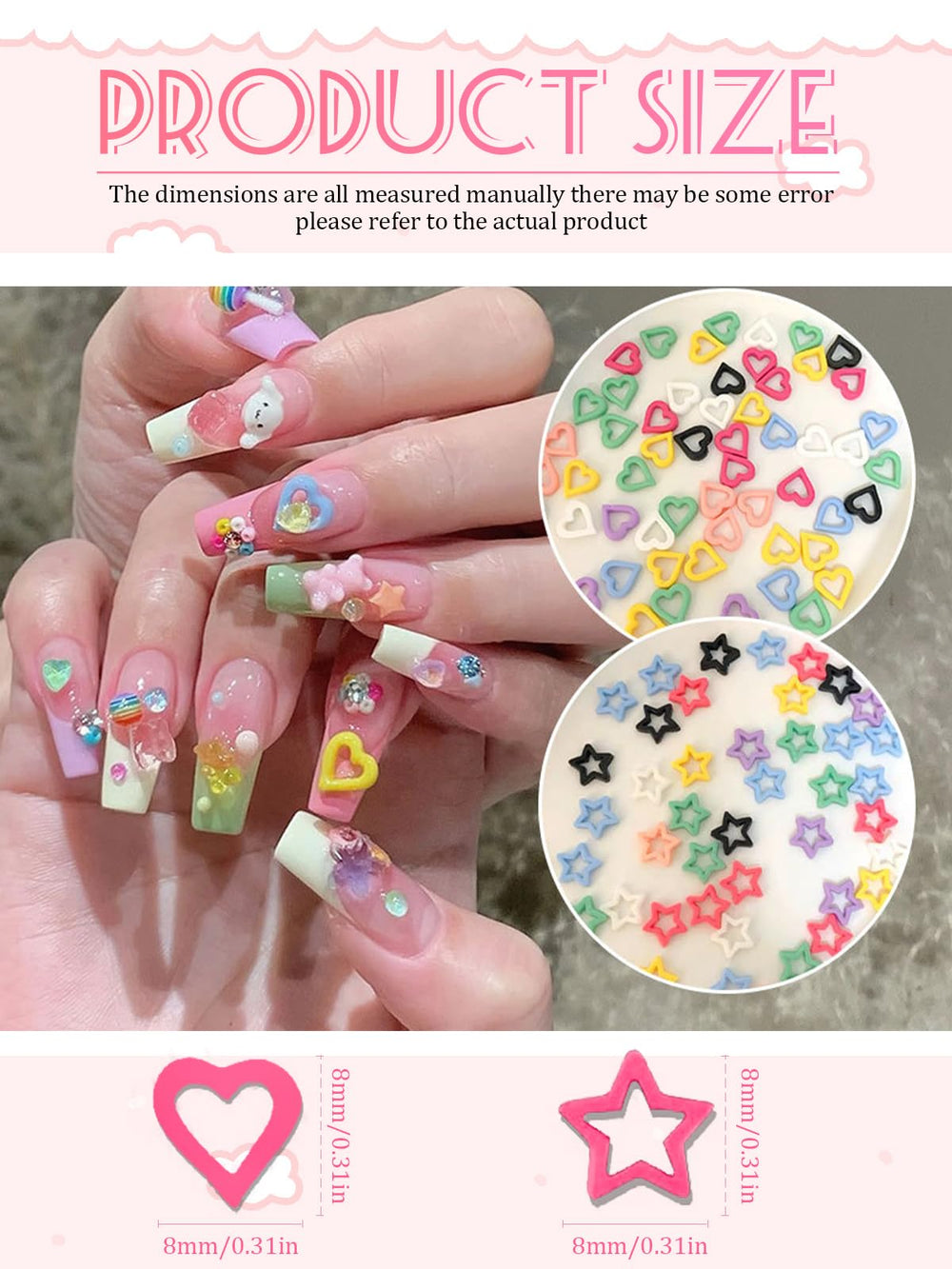 Heart-shaped CYHYII charms in eight colors for versatile nail art ideas.