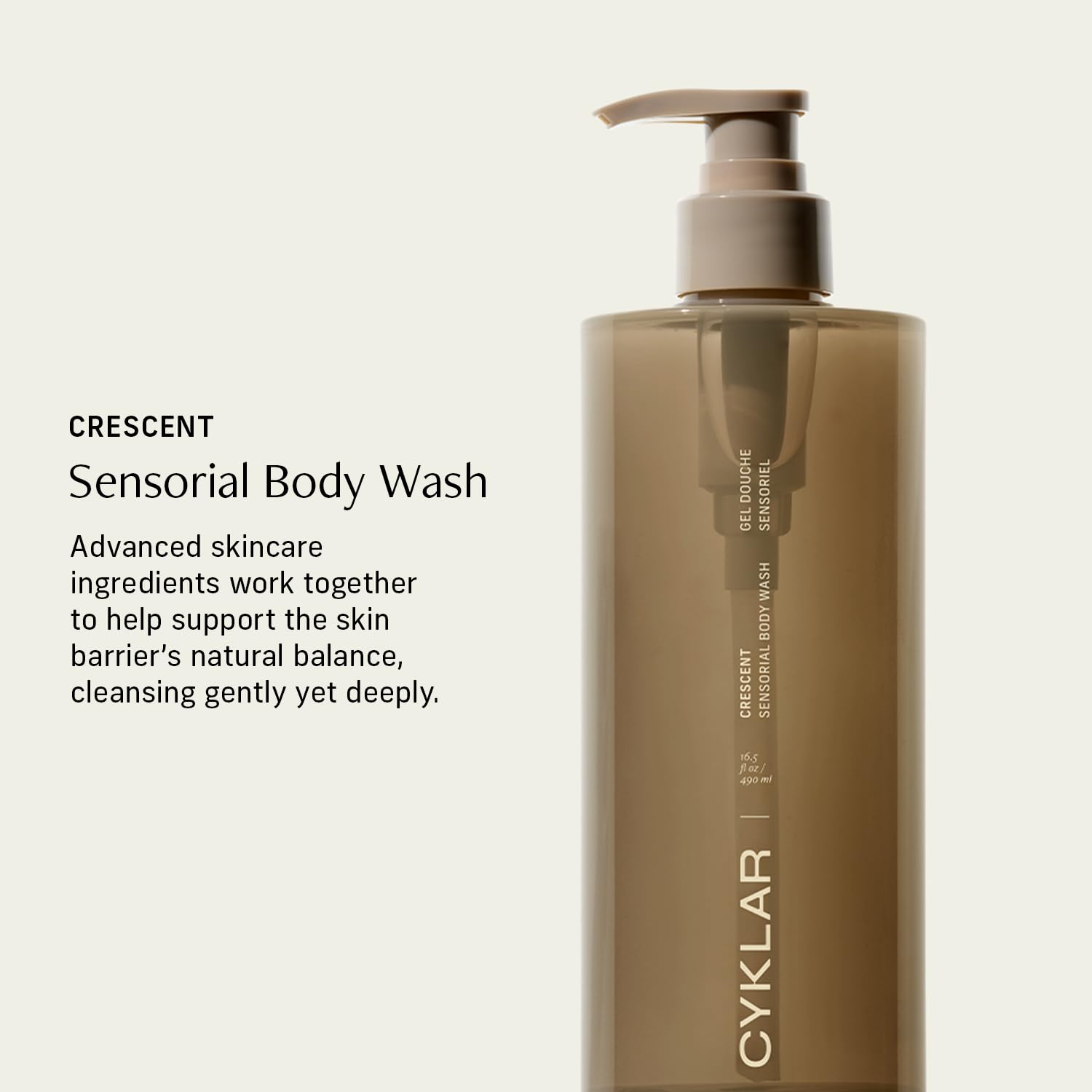 CYKLAR Crescent scent note highlights calming, unisex fragrance during shower routine.