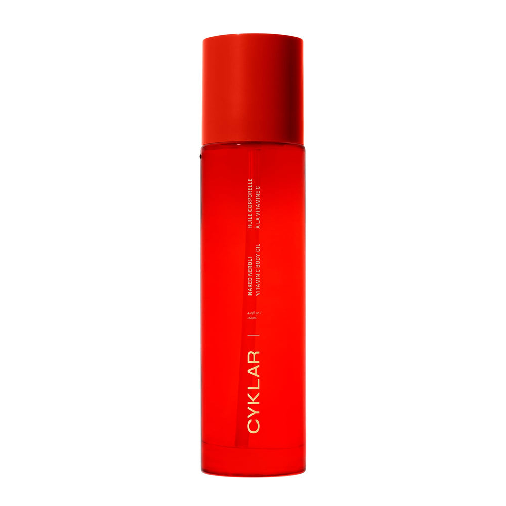 CYKLAR Vitamin C body oil bottle close-up showing radiant glow for all skin types