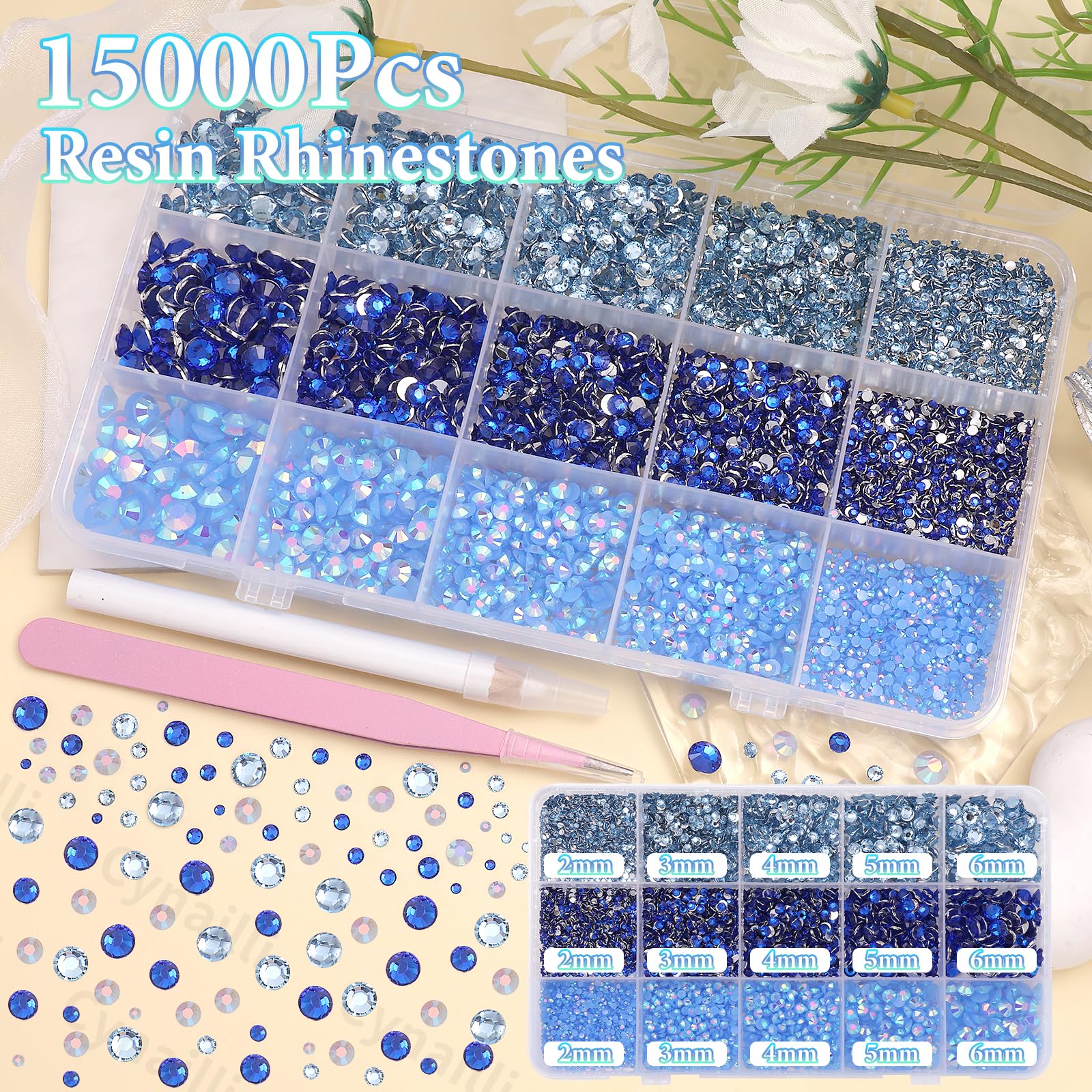Cynailli blue rhinestones size range 2–6 mm for versatile surfaces