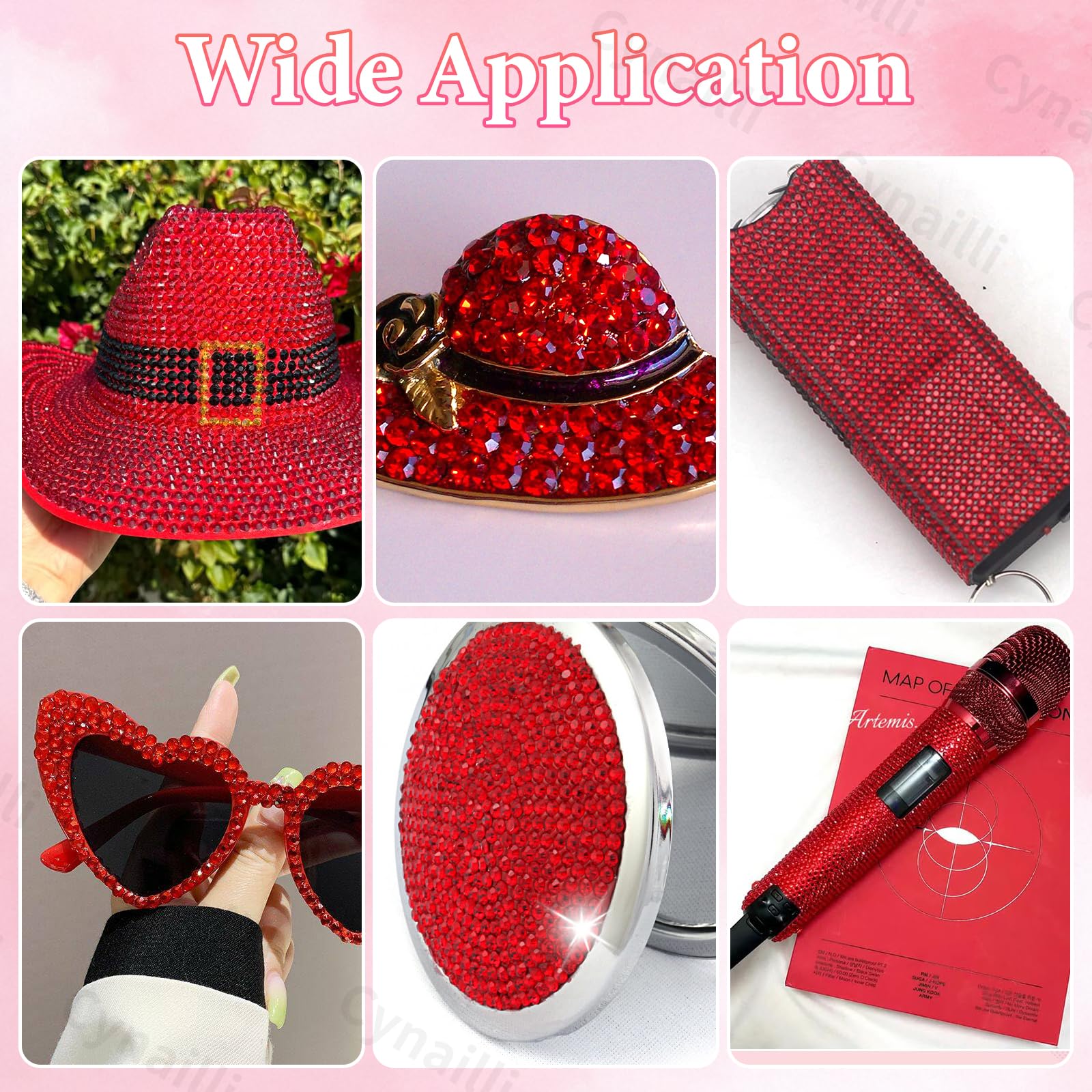 Cynailli crafts decor on cups and mugs with red rhinestones.