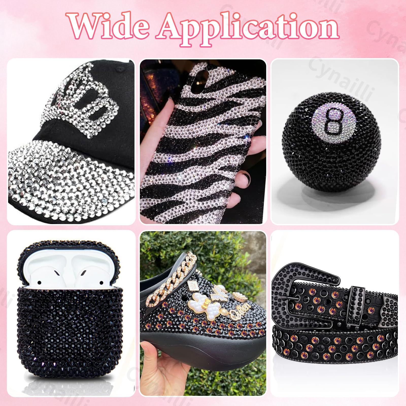 Cynailli rhinestones applied to cups, mugs and bottles for decoration