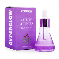 CYPERGLOW Cyperus Rotundus serum bottle demonstrates a natural hair-reducing oil.