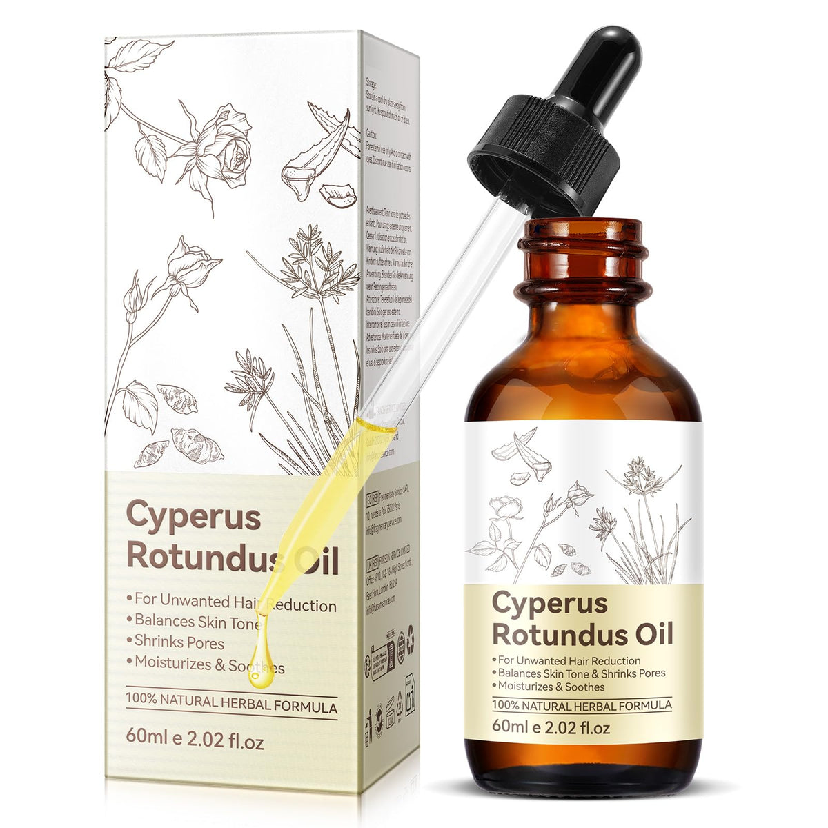 Cyperus Rotundus Oil bottle close-up for post-removal soothing care.