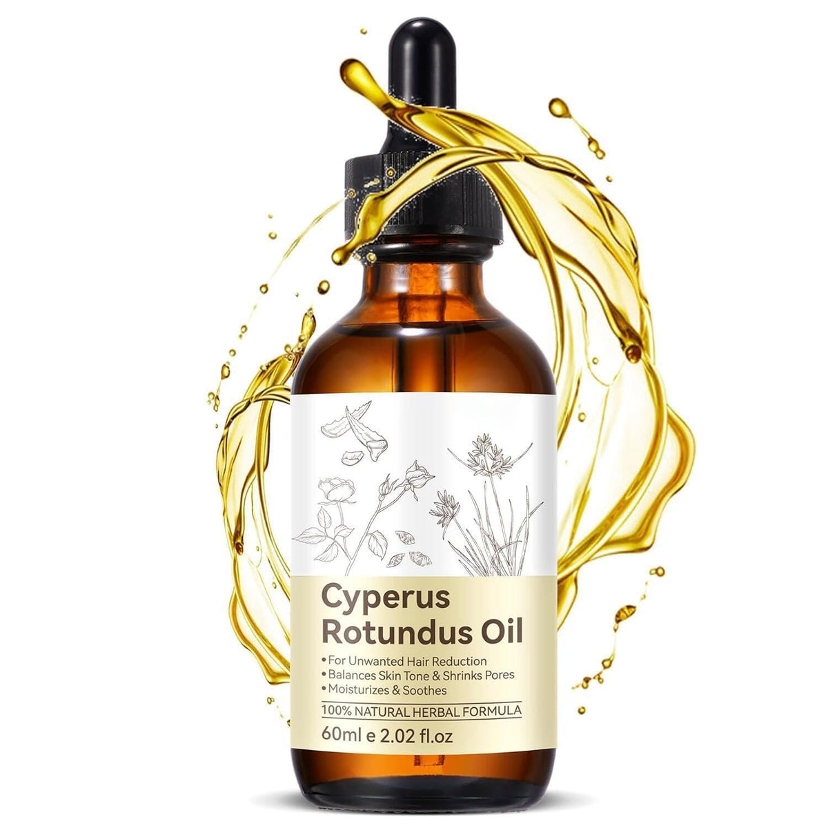 Cyperus Rotundus Oil bottle shown for gentle hair reduction and hydration.