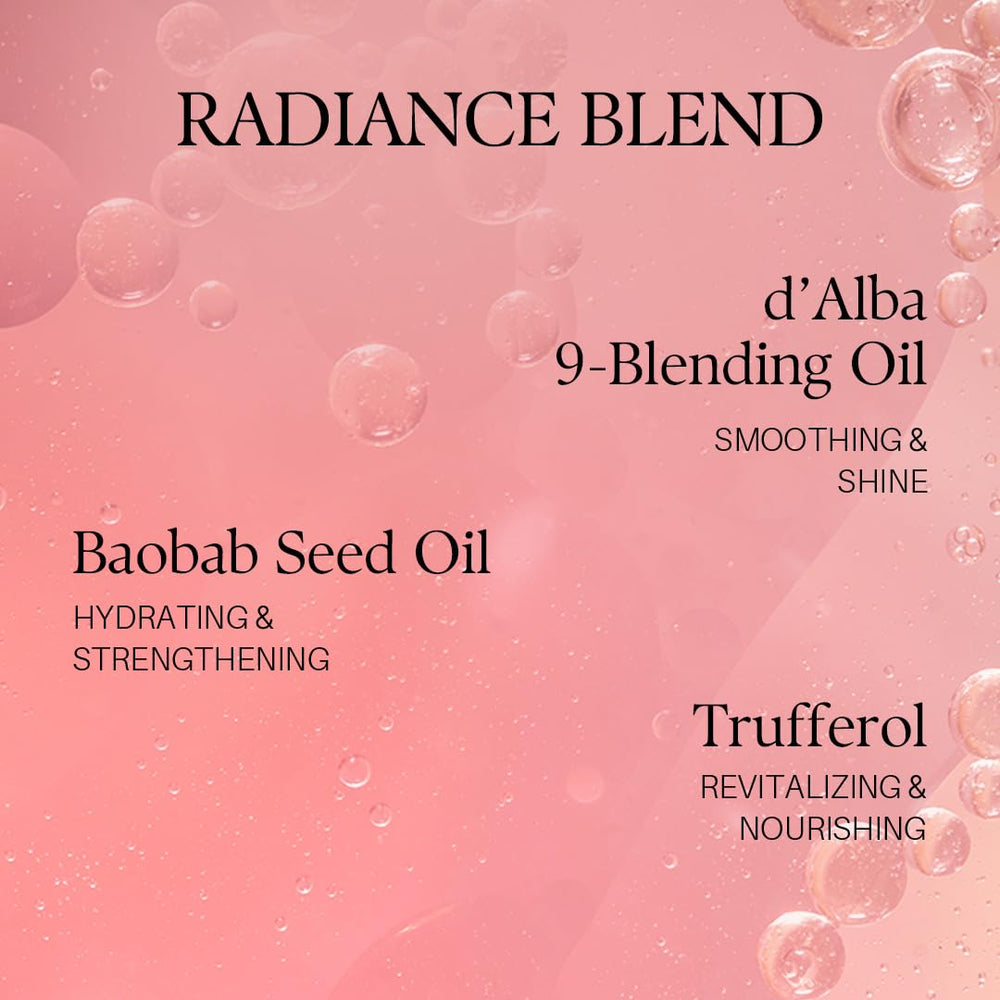 Towel-dried hair with serum ready for smoothing and a subtle scent.