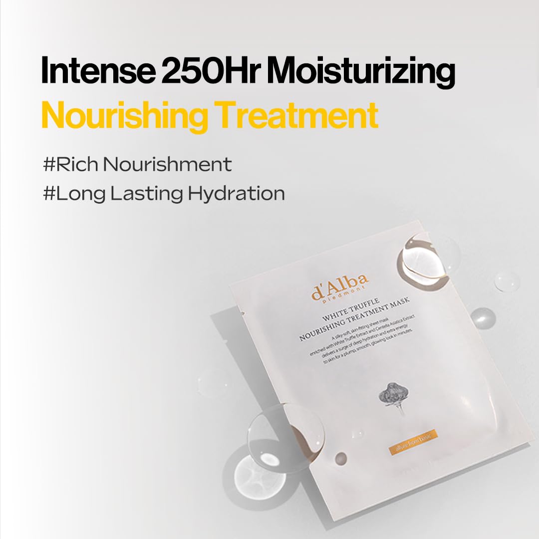 d'alba Piedmont mask highlights five-layer hyaluronic acid for deep hydration.