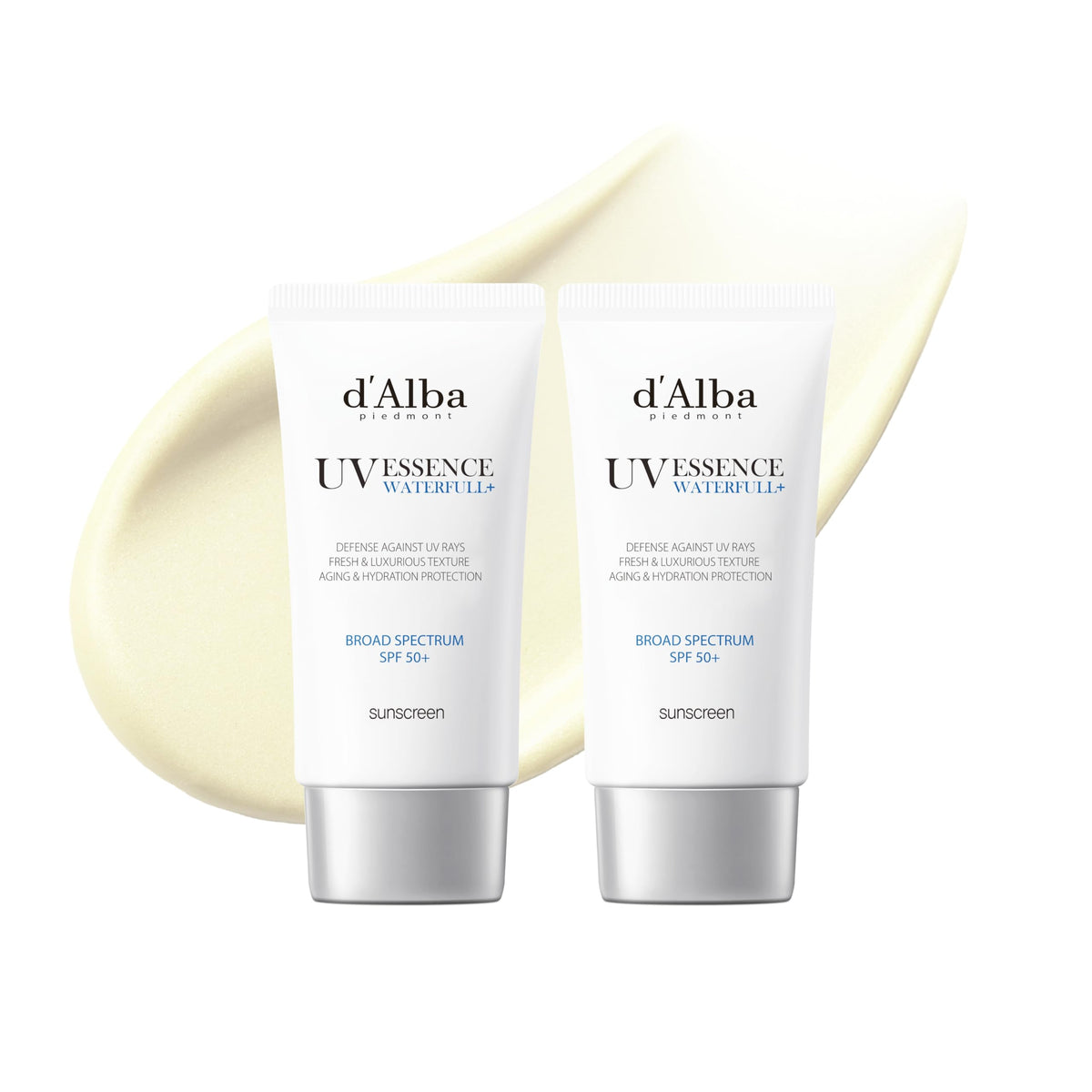 d'alba Piedmont White Truffle Waterfull Essence Sunscreen bottle delivers radiant hydration with SPF 50+.