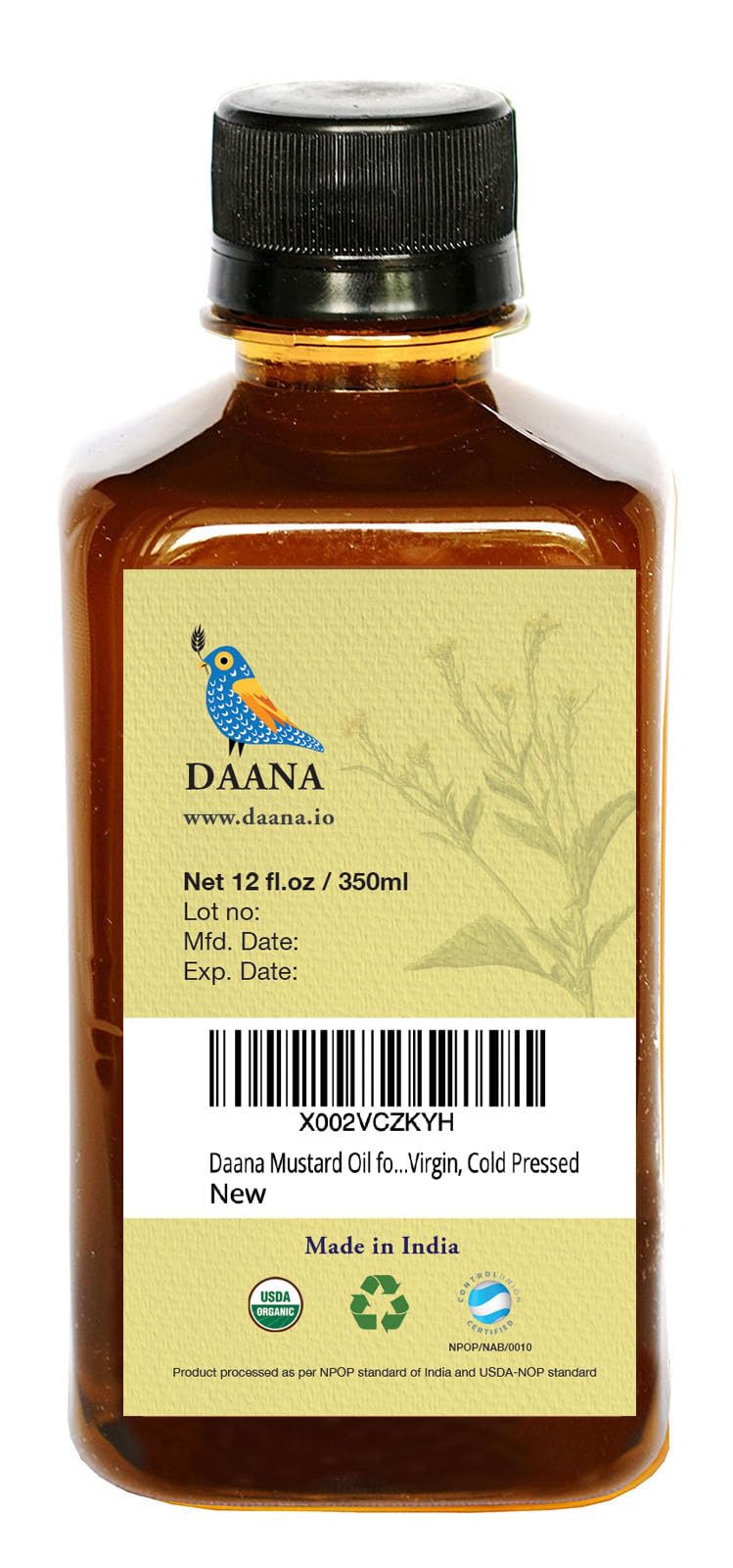 DAANA mustard oil amber glass bottle with label highlights organic, raw, cold-pressed quality.