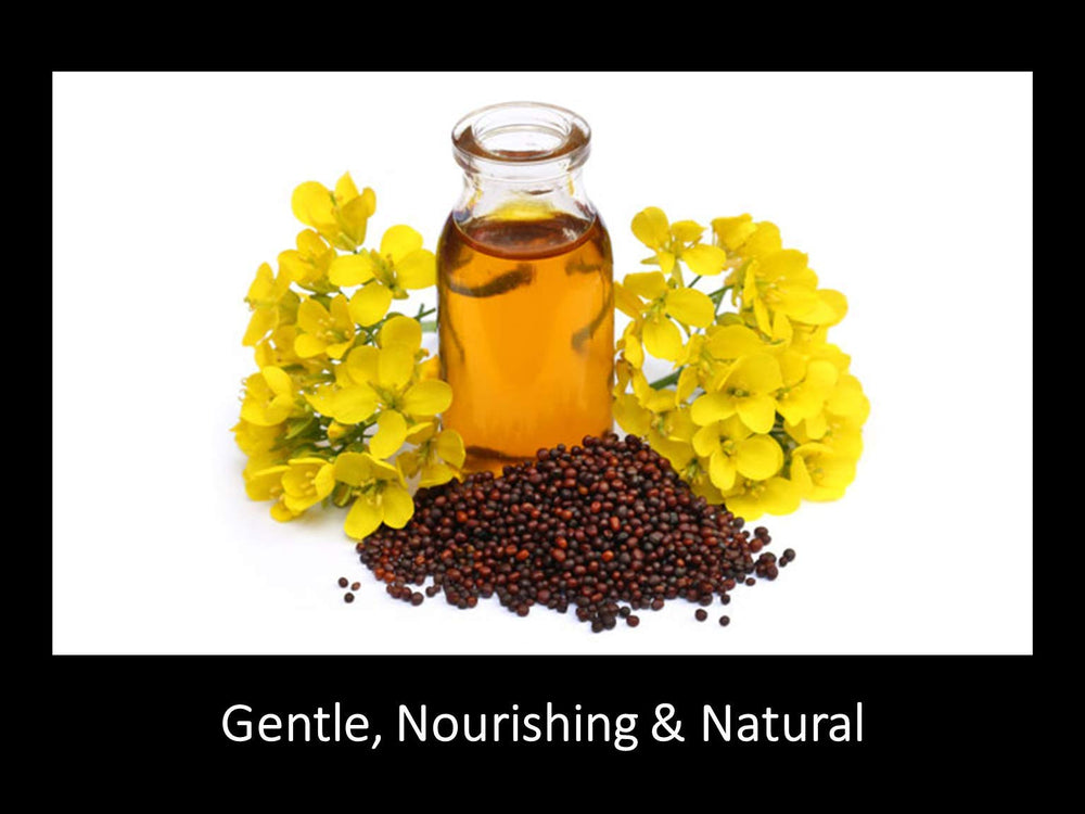 DAANA mustard oil ingredients panel emphasizes unrefined processing and fair trade.