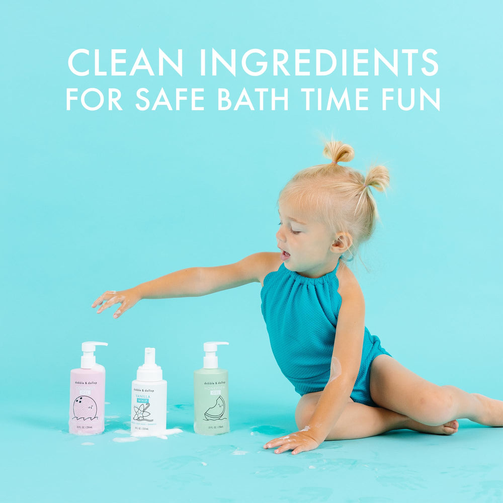 Dabble & Dollop Beachy Bundle bubble bath bottle ready to create playful suds.