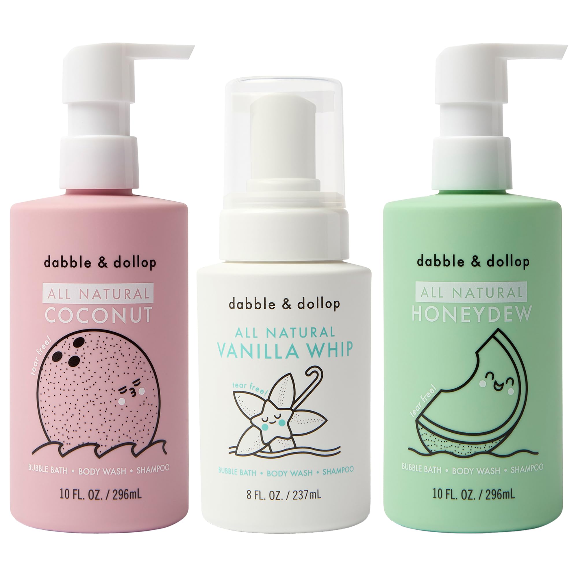 Dabble & Dollop Beachy Bundle packaging featuring three kid-friendly bottles for bath-time fun.