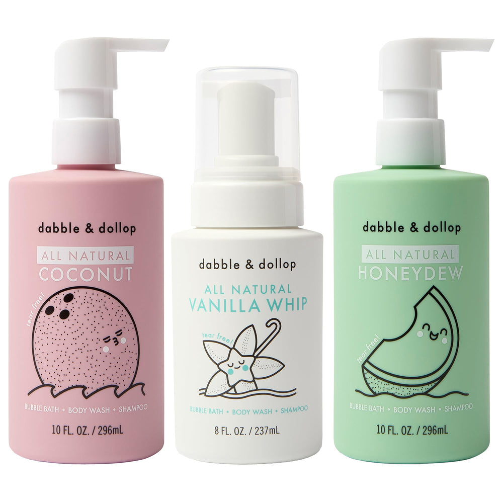 Dabble & Dollop Beachy Bundle packaging featuring three kid-friendly bottles for bath-time fun.