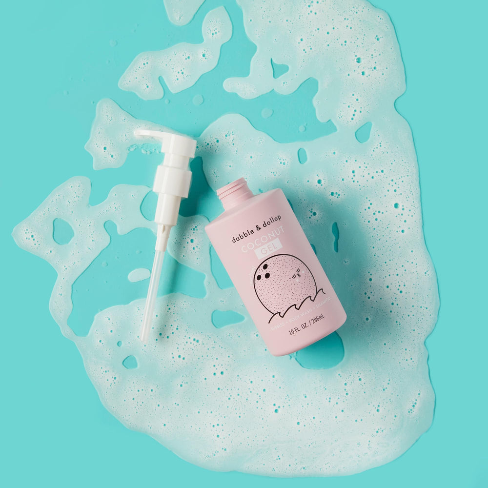 Dabble & Dollop Beachy Bundle kids’ shampoo bottle designed for tear-free rinses.