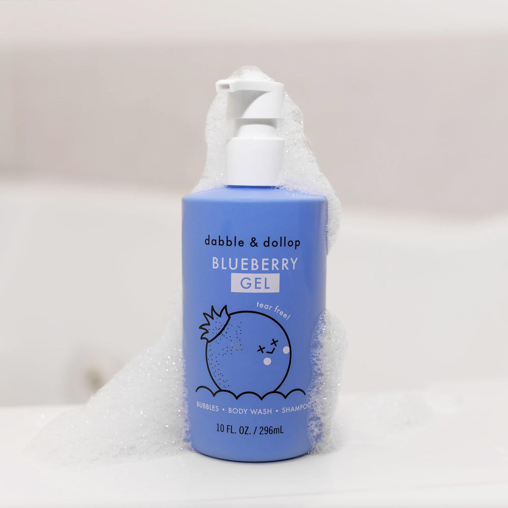 Blueberry scent bottle image conveys kid-friendly aroma and bath moments.