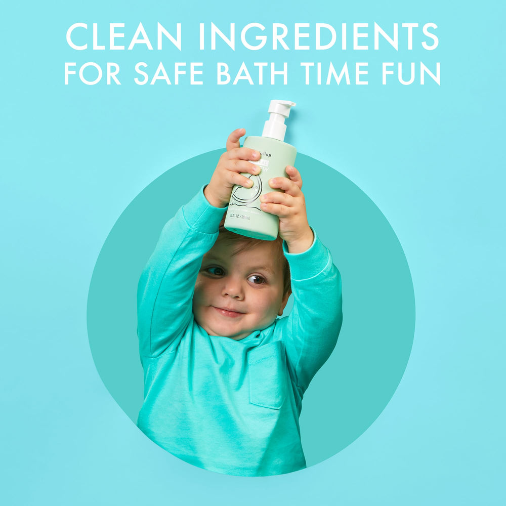 Dabble & Dollop Honeydew Gel pump action shown for easy, tear-free bath time