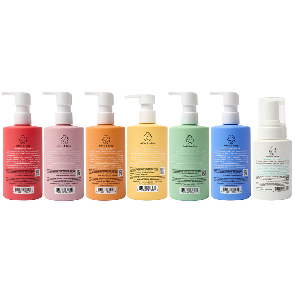 Dabble & Dollop Rainbow of Bubbles colorful bottle set on vanity