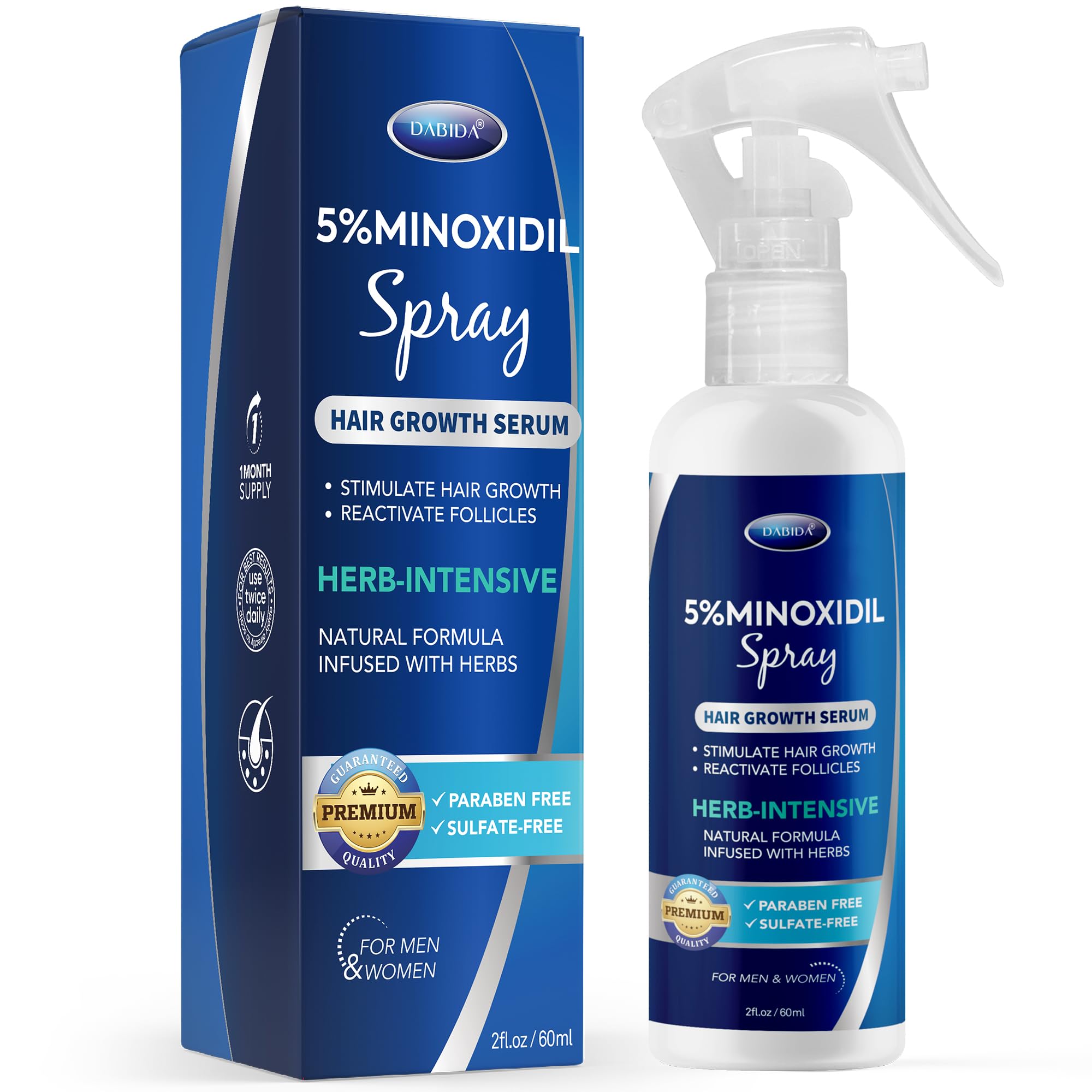 DABIDA Minoxidil spray bottle close-up for precise application.