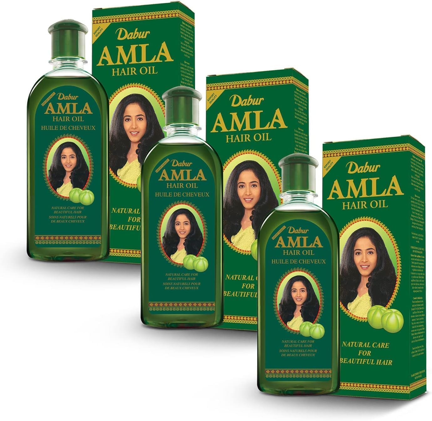Dabur Amla Hair Oil bottle top view shows packaging and brand identity for nourishing scalp care.