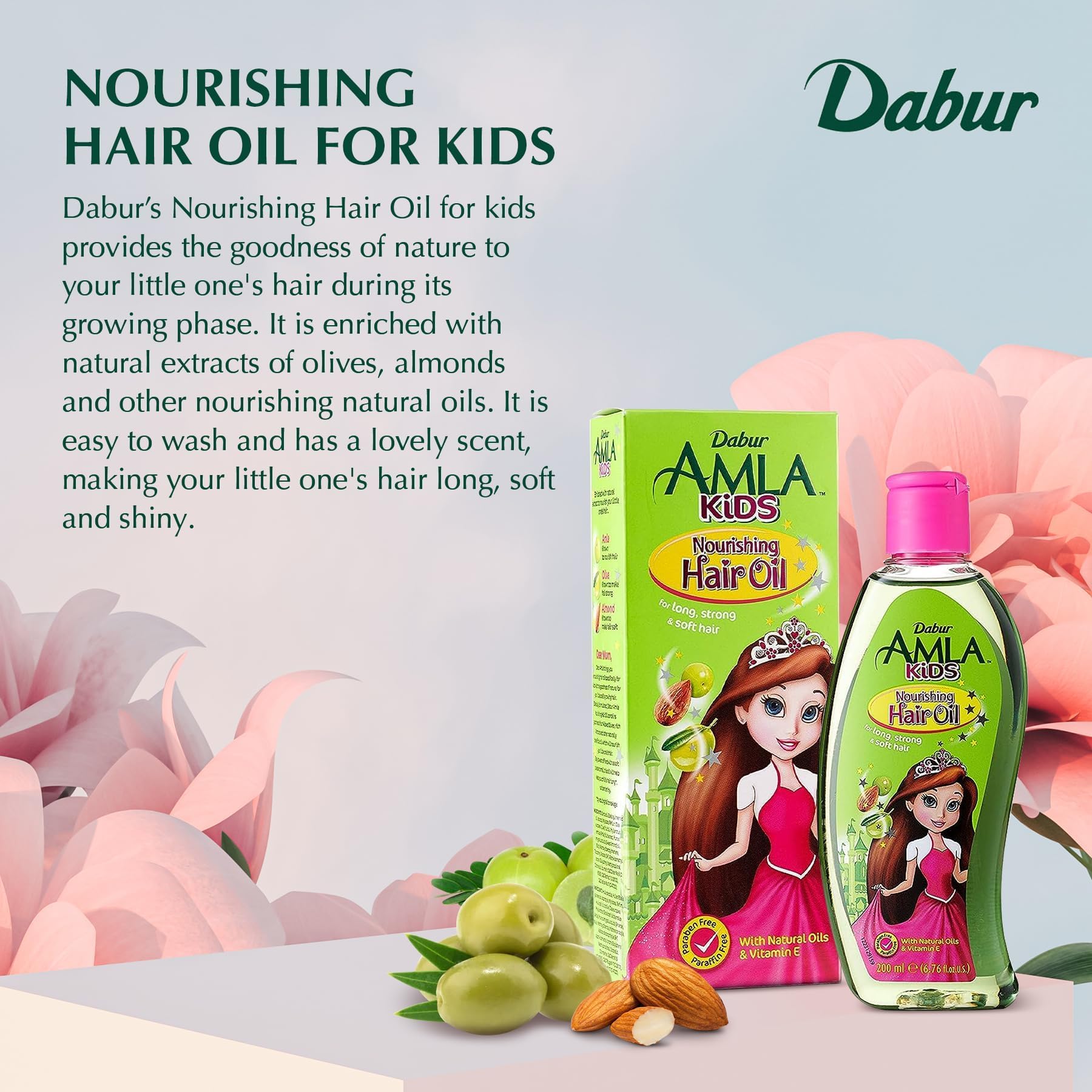 Dabur Hair Nourishing Oil for Kids label indicates 100% natural formulation