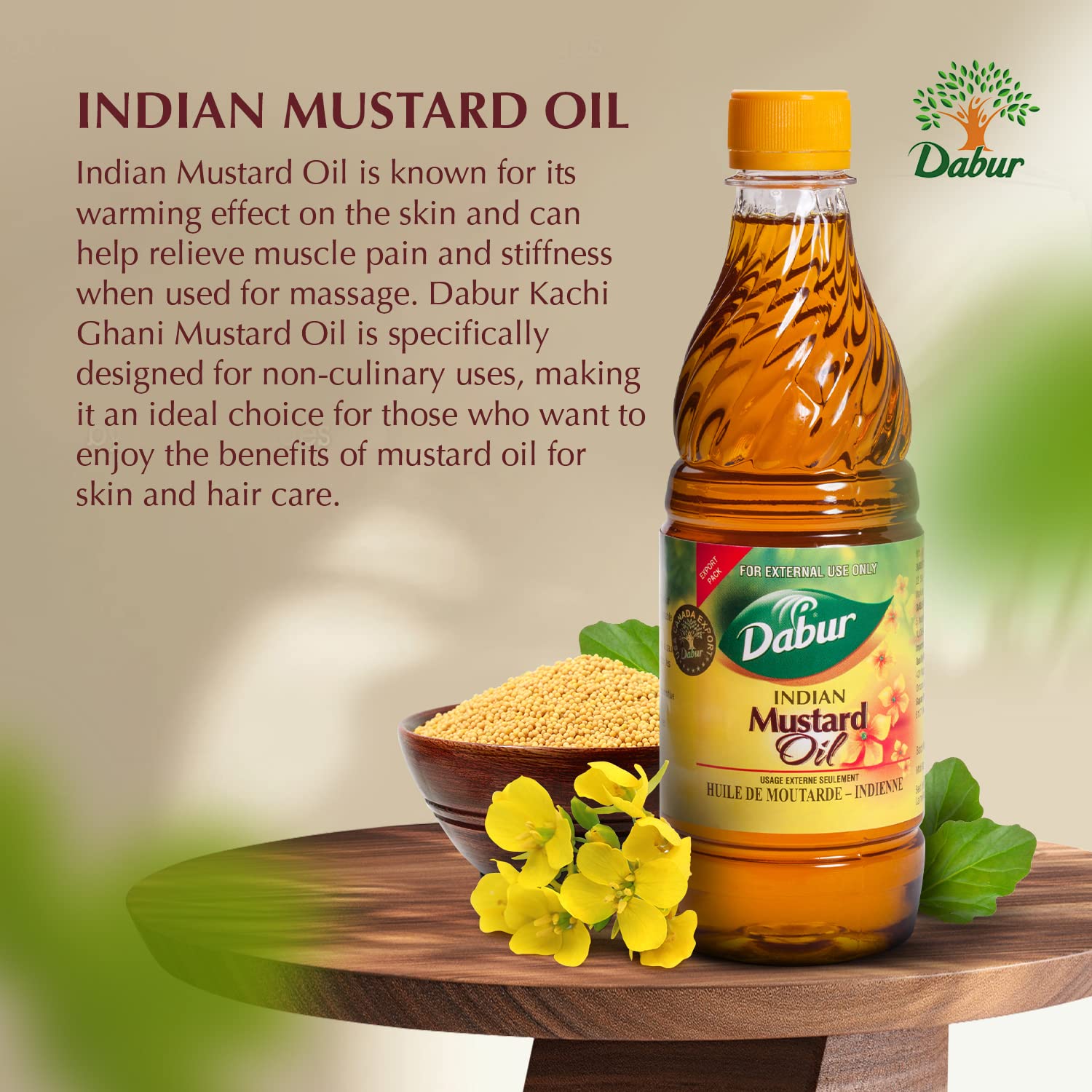 Dabur Kachi Ghani Mustard Oil used for soothing body massage.