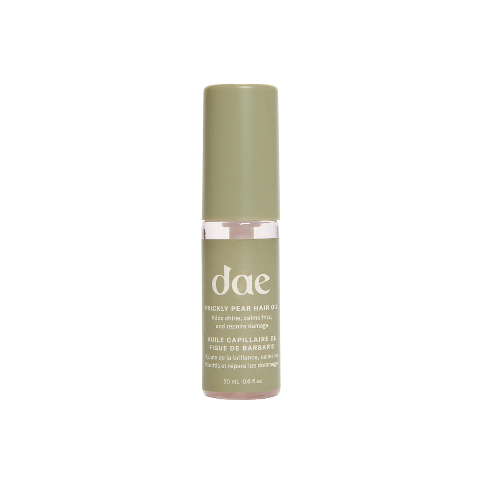 DAE Prickly Pear Hair Oil bottle demonstrates hydration for hair.