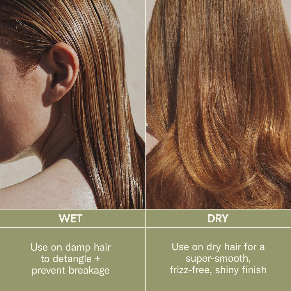 DAE Prickly Pear Hair Oil on hair demonstrates detangling and glossy smoothness.