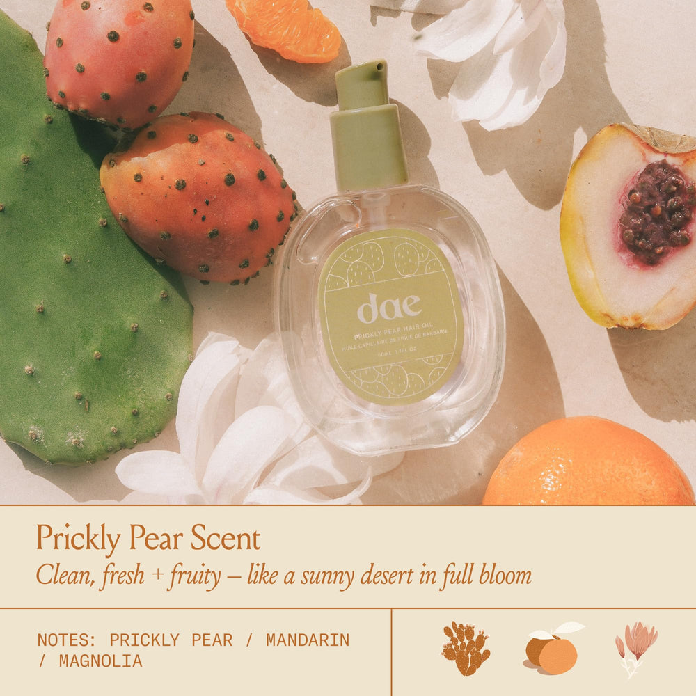 DAE Prickly Pear Hair Oil packaging highlights vegan, sulfate-free formula and recyclability.