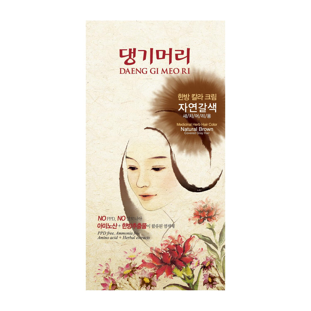 Daeng Gi Meo Ri herbal hair dye natural brown bottle with a PPD-free formula for gray coverage.