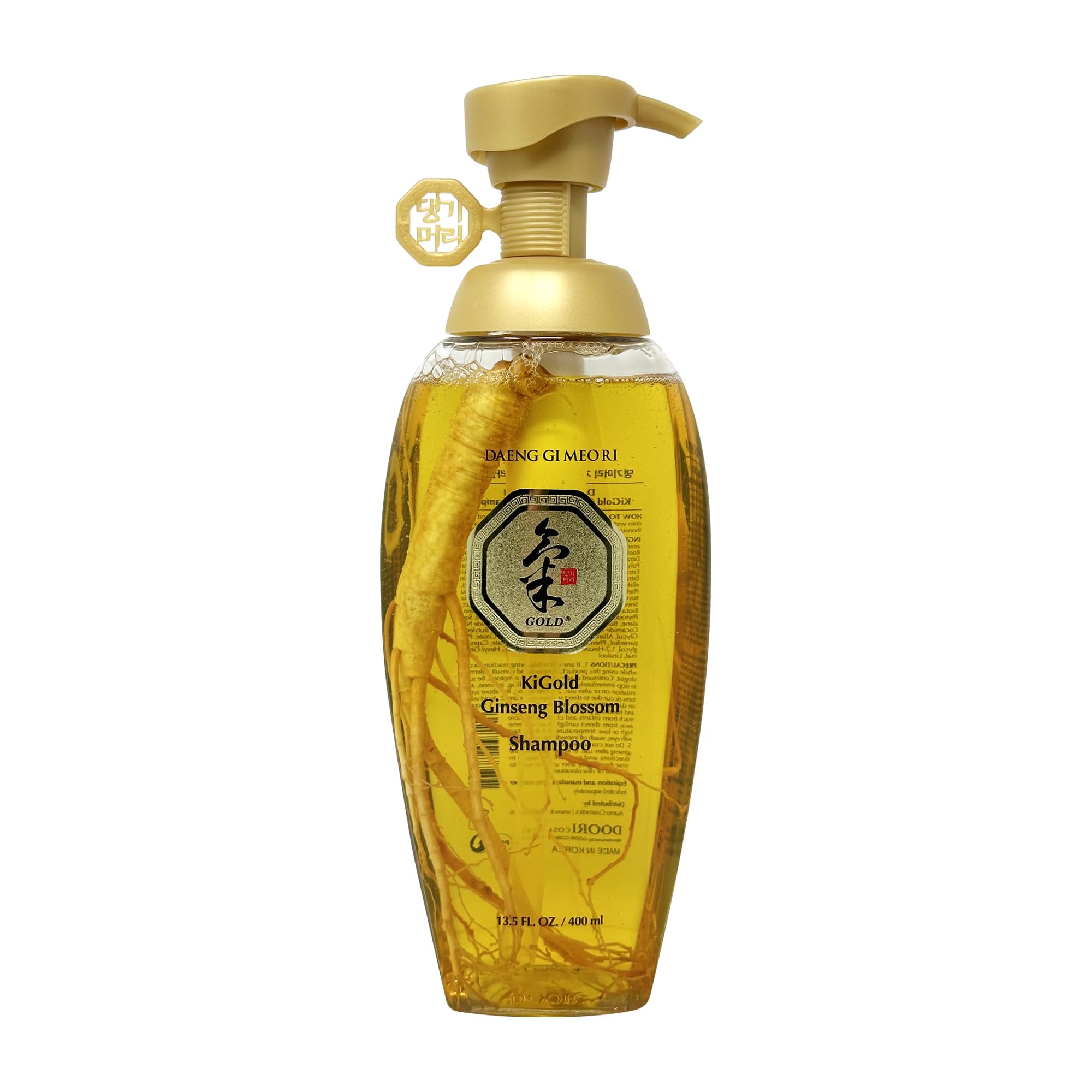 Daeng Gi Meo Ri Ki Gold Ginseng Blossom Shampoo bottle front view, highlighting ginseng infusion for hair nourishment.