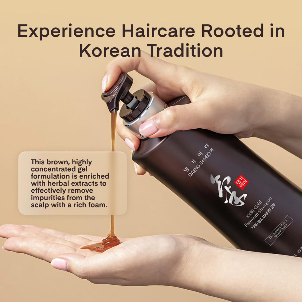 Daeng Gi Meo Ri Ki Gold Premium Shampoo bottle on a dry hair routine.