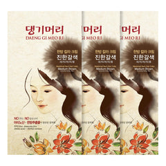 Daeng Gi Meo Ri Medium Brown 3-pack box shows herbal color cream for natural gray coverage.