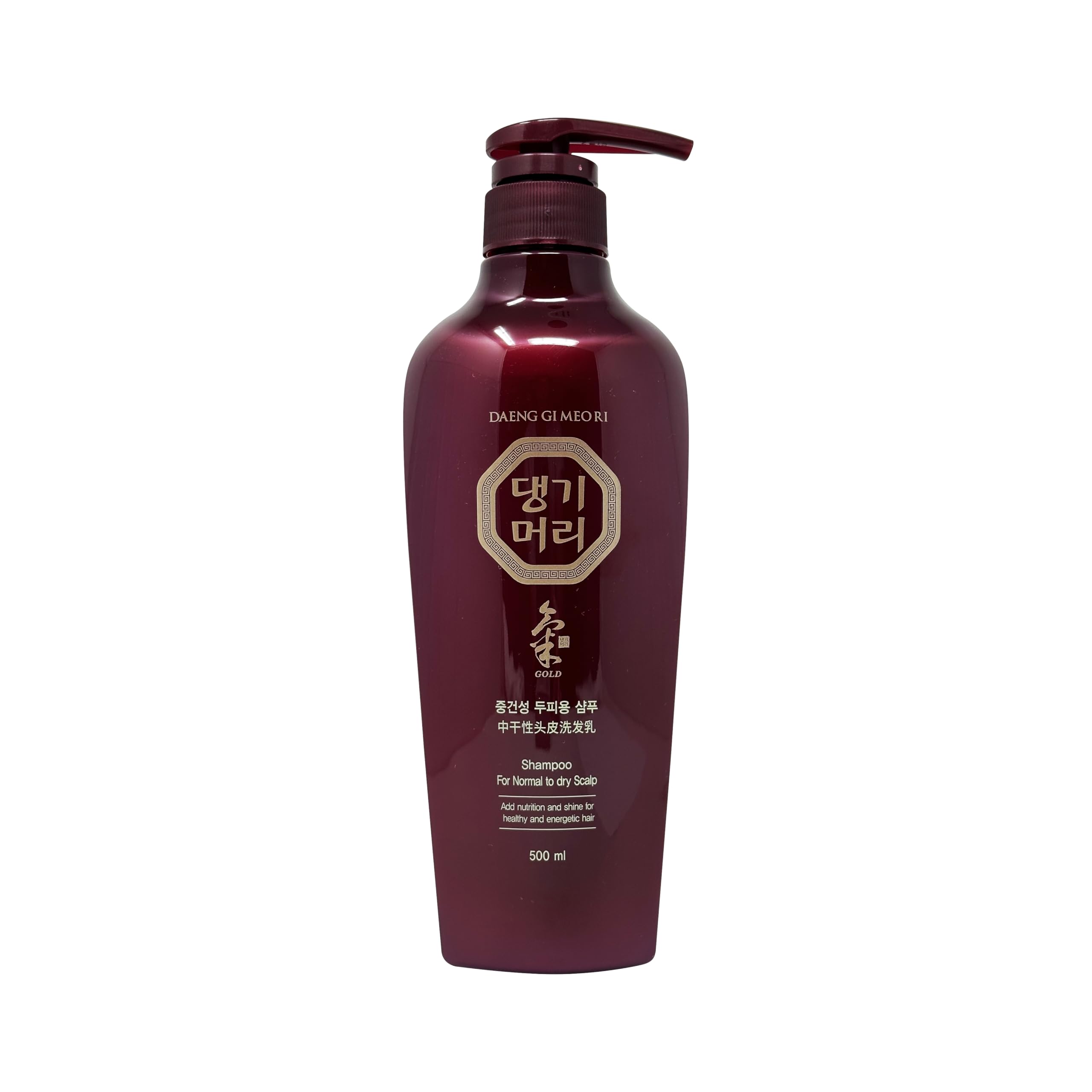 Daeng Gi Meo Ri shampoo bottle for normal to dry scalp provides moisture and nourishment.