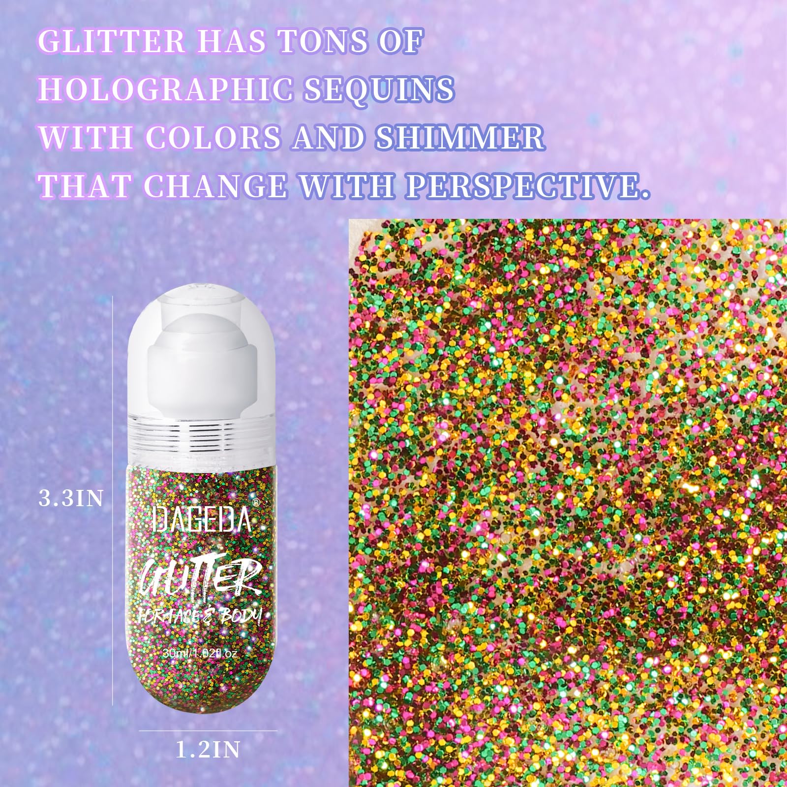 DAGEDA Mardi Gras roll-on glitter Green highlights hair and collarbones.