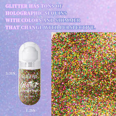 DAGEDA Mardi Gras roll-on glitter Green highlights hair and collarbones.