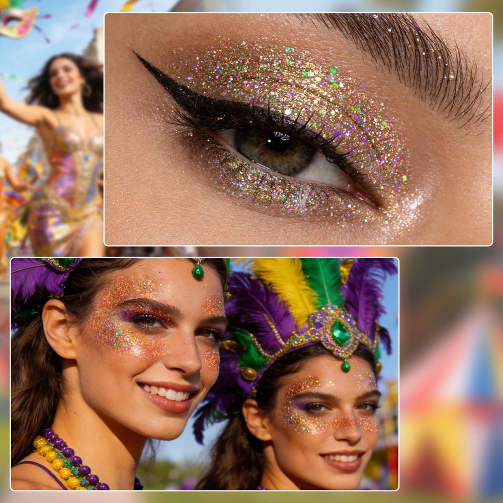 DAGEDA Mardi Gras roll-on glitter Pink offers lightweight skin and hair shimmer.