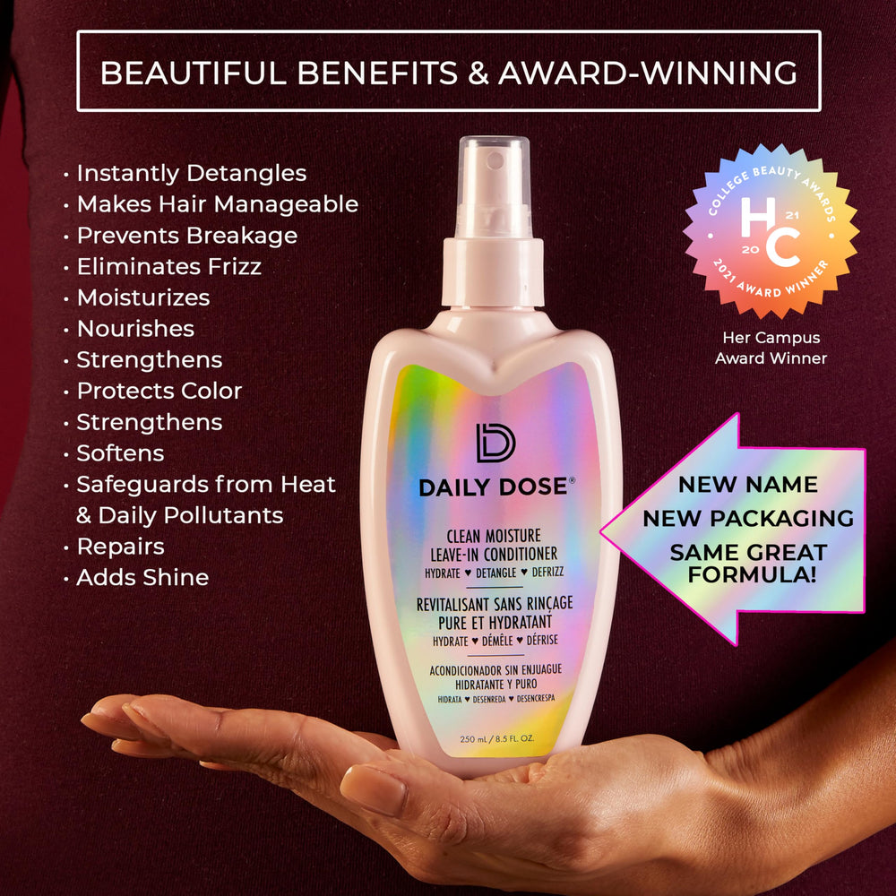 Daily Dose Leave-In Conditioner spray mist evenly coats hair for frizz control.