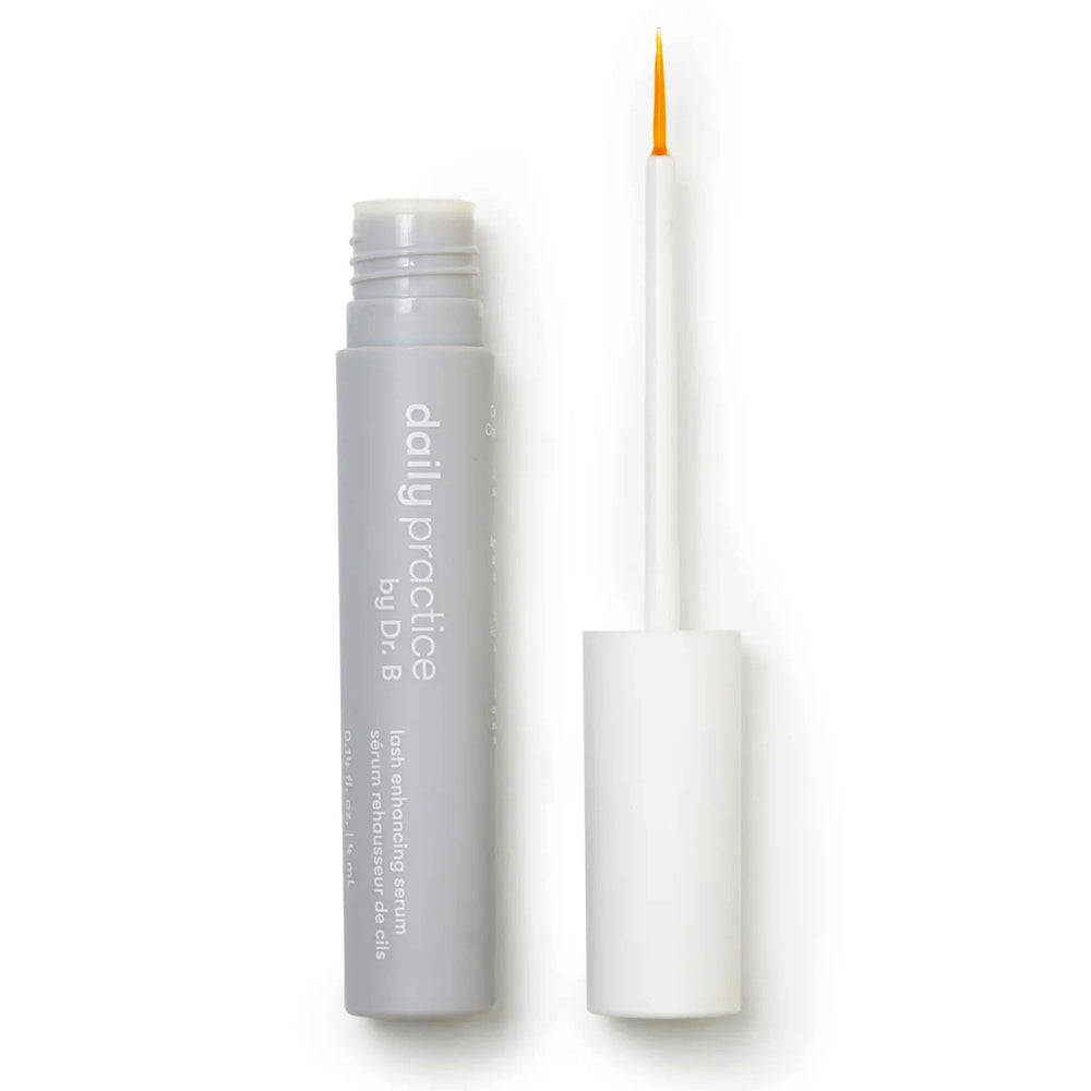 Daily Practice Lash Serum bottle shows a hydrating formula for healthier lashes.