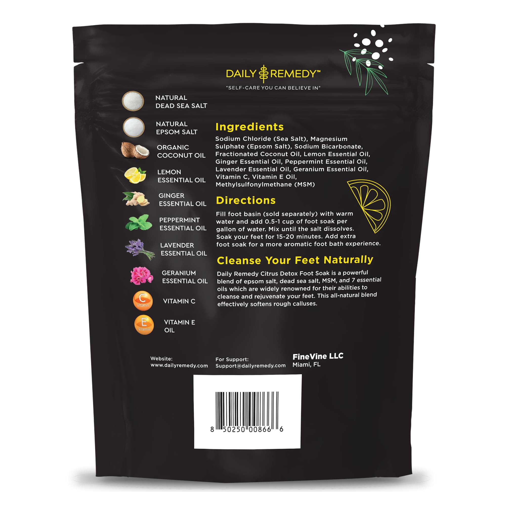 Label close-up shows natural ingredients for a revitalizing foot cleanse.