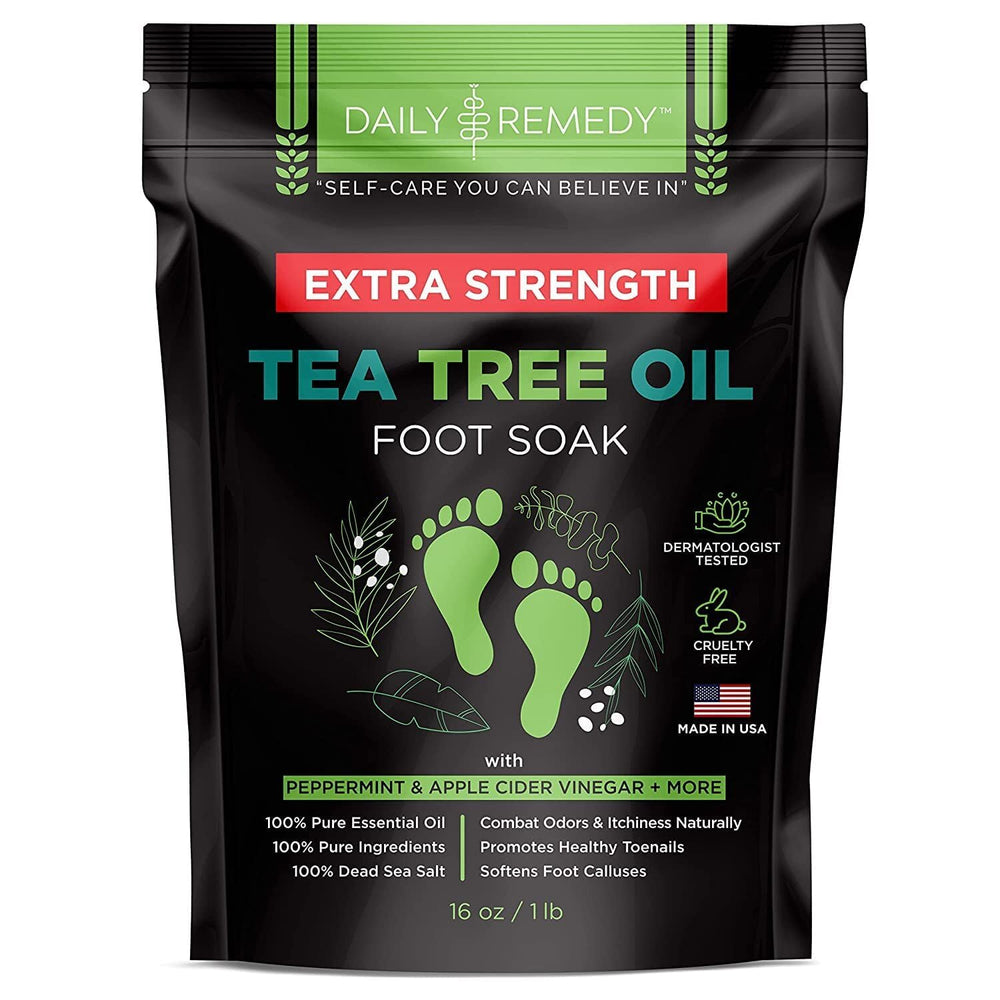 Daily Remedy Tea Tree Foot Soak bath shows soothing bubbles for tired feet.
