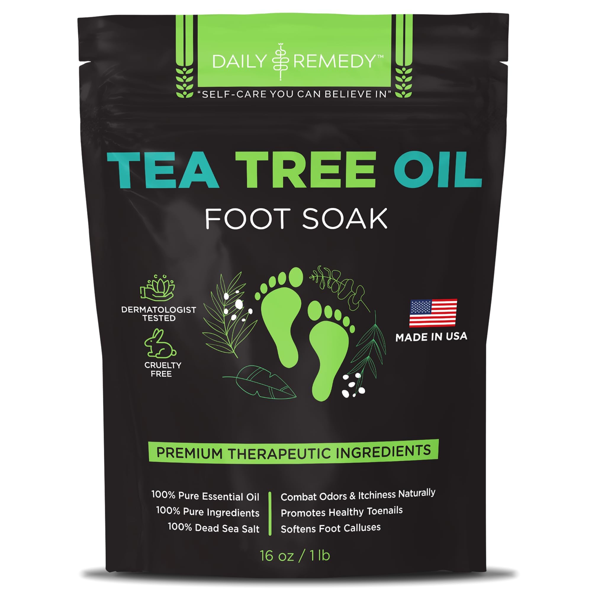Daily Remedy Tea Tree Oil Foot Soak bottle to relax tired feet after a long day.
