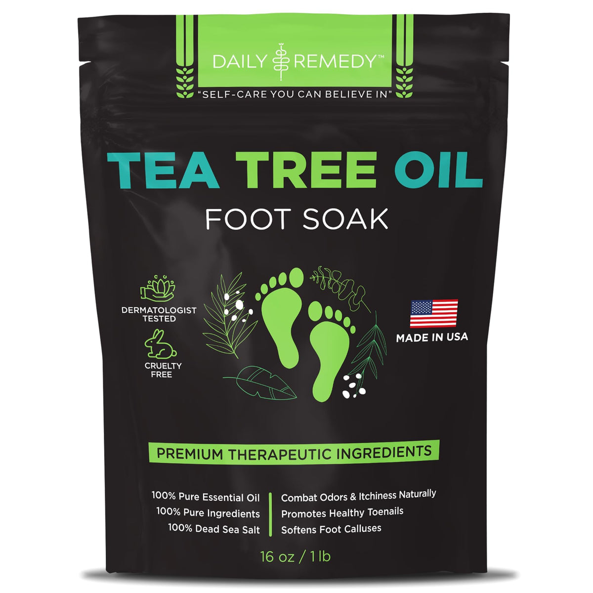 Daily Remedy Tea Tree Oil Foot Soak bottle to relax tired feet after a long day.