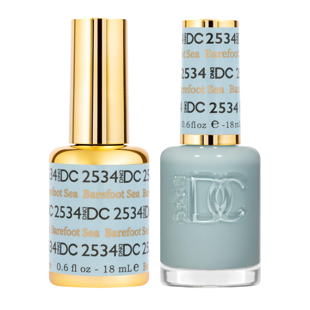 Daisy DND Barefoot Sea 2534 gel polish closeup shows a seafoam blue shade with lasting potential.