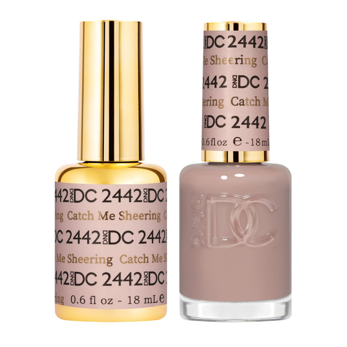 DAISY DND Catch Me Sheering bottle showcases sheer toasted mauve for customizable coverage; ideal for subtle nails.